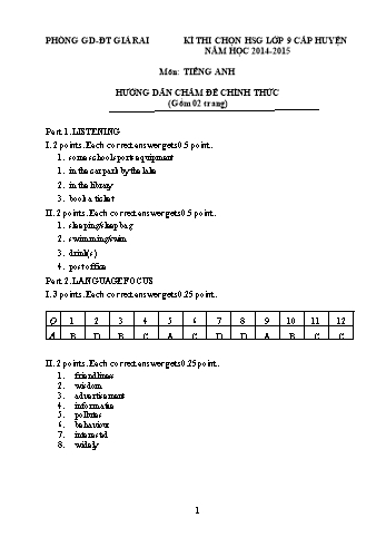 Đề thi chọn HSG cấp Huyện môn Tiếng Anh Lớp 9 - Năm học 2014-2015 (Có đáp án)