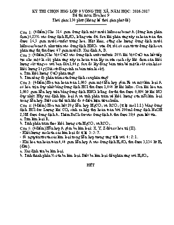 Đề thi chọn HSG cấp Thị xã môn Hóa học Lớp 9 - Năm học 2016-2017 (Có hướng dẫn chấm môn)