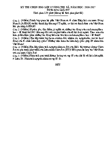 Đề thi chọn HSG cấp Thị xã môn Lịch sử Lớp 9 - Năm học 2016-2017 (Có hướng dẫn chấm môn)