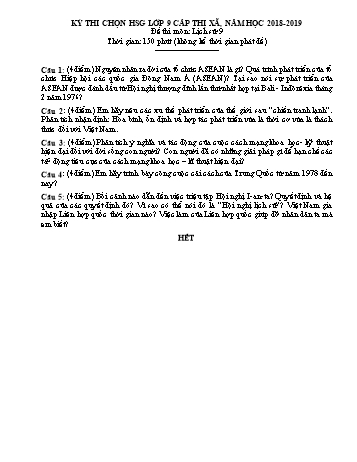 Đề thi chọn HSG cấp Thị xã môn Lịch sử Lớp 9 - Năm học 2018-2019 (Có đáp án)