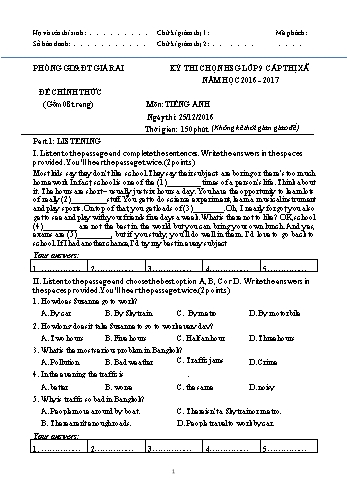 Đề thi chọn HSG cấp Thị xã môn Tiếng Anh lớp 9 - Năm học 2016-2017