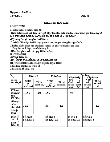 Giáo án Công nghệ Lớp 9 - Tuần 31 - Năm học 2019-2020 - Trường THCS Phong Thạnh Tây