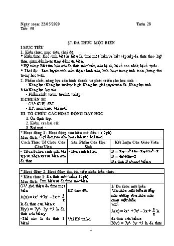Giáo án Đại số Lớp 7 - Tuần 28 - Năm học 2018-2019 - Trường THCS Phong Thạnh Tây