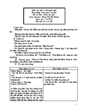 Giáo án Lớp Lá - Lĩnh vực phát triển ngôn ngữ, Hoạt động: Làm quen văn học Đề tài: Thơ “Kiến tha mồi” - Phạm Thị Hà Thanh