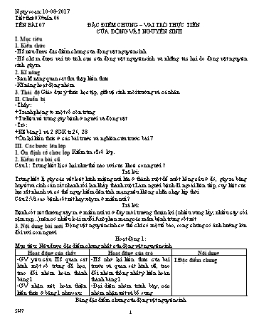 Giáo án Sinh học Lớp 7, Tuần 4 - Năm học 2016-2017 - Nguyễn Loan Anh