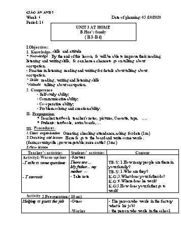 Giáo án Tiếng Anh 7 Đại trà - Tuần 6 - Năm học 2020-2021 - Lưu Quang Thơ