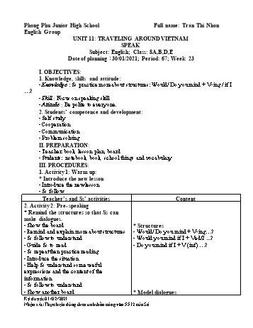 Giáo án Tiếng Anh 8 Sách Thí điểm - Tuần 23 - Năm học 2020-2021 - Tran Thi Nhon