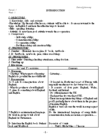 Giáo án Tiếng Anh 8 - Tuần 1+2+3 - Năm học 2019-2020 - Lưu Quang Thơ