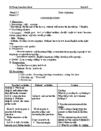 Giáo án Tiếng Anh 8 - Tuần 1+2+3 - Năm học 2019-2020 - Trường THCS Hộ Phòng