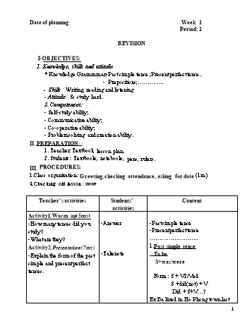 Giáo án Tiếng Anh 9 - Tuần 1+2+3 - Năm học 2019-2020 - Trần Ngọc Bích