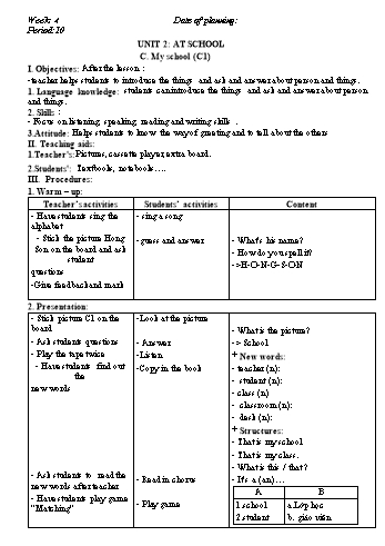 Giáo án Tiếng Anh Lớp 6 - Tuần 4 - Năm học 2019-2020 - Lê Tấn Phong