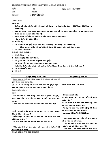 Giáo án Toán Lớp 2 - Tuần 32 - Võ Thị Thang