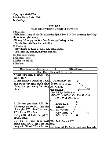 Giáo án Toán phụ đạo Lớp 7 - Chủ đề 8: Tam giác vuông - Định lí Pytago - Năm học 2017-2018 - Nguyễn Loan Anh