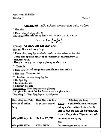 Giáo án Toán tự chọn Lớp 9 - Tuần 2 - Năm học 2019-2020 - Trường THCS Phong Thạnh Tây