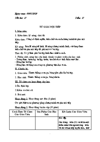 Giáo án Toán tự chọn Lớp 9 - Tuần 27 - Năm học 2019-2020 - Trường THCS Phong Thạnh Tây