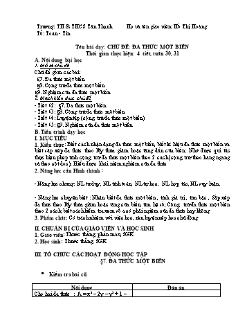 Kế hoạch bài giảng Đại số Lớp 7 - Tuần 30 - Năm học 2020-2021 - Hồ Thị Hoàng