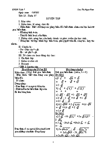 Kế hoạch dạy học Đại số 9 - Tuần 7 - Năm học 2020-2021 - Lưu Thị Ngọc Hiền
