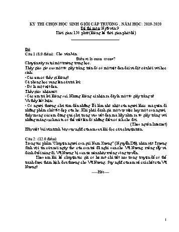 Kỳ thi chọn học sinh giỏi cấp Trường môn Ngữ văn 9 - Năm học 2019-2020 - Trường THCS Phong Thạnh Tây (Có hướng dẫn chấm)