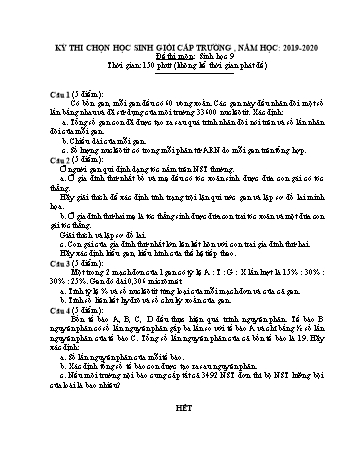 Kỳ thi chọn học sinh giỏi cấp Trường môn Sinh học 9 - Năm học 2019-2020 - Trường THCS Phong Thạnh Tây (Có hướng dẫn chấm)