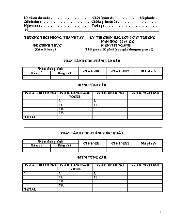 Kỳ thi chọn học sinh giỏi cấp Trường môn Tiếng Anh 9 - Năm học 2019-2020 - Trường THCS Phong Thạnh Tây (Có hướng dẫn chấm)