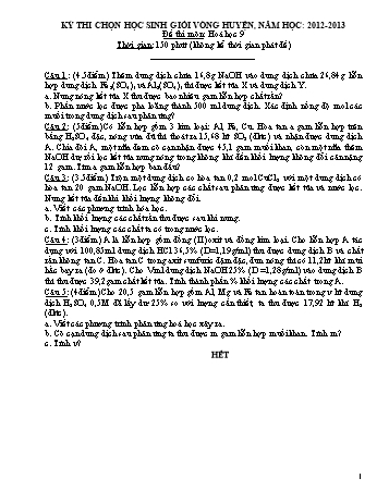 Kỳ thi chọn học sinh giỏi vòng Huyện môn Hóa học 9 - Năm học 2012-2013 - Trường THCS Phong Thạnh Tây (Có hướng dẫn chấm)