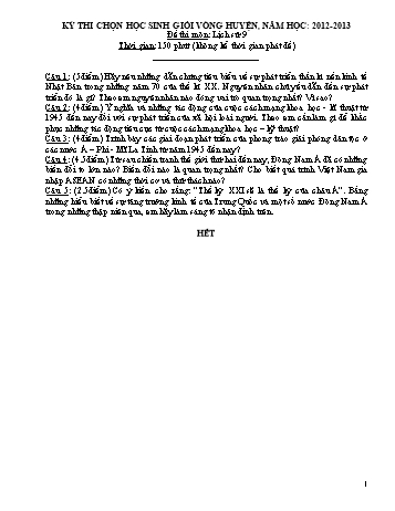 Kỳ thi chọn học sinh giỏi vòng Huyện môn Lịch sử 9 - Năm học 2012-2013 - Trường THCS Phong Thạnh Tây (Có hướng dẫn chấm)