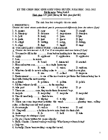Kỳ thi chọn học sinh giỏi vòng Huyện môn Tiếng Anh 8 - Năm học 2011-2012 - Trường THCS Phong Tân (Có hướng dẫn chấm)