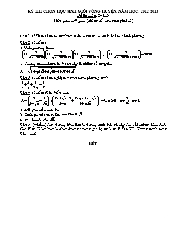 Kỳ thi chọn học sinh giỏi vòng Huyện môn Toán 9 - Năm học 2012-2013 - Trường THCS Phong Thạnh Tây (Có hướng dẫn chấm)