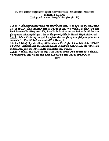 Kỳ thi chọn học sinh giỏi vòng Trường môn Lịch sử 9 - Năm học 2020-2021 - Trường THCS Phong Thạnh Tây (Có hướng dẫn chấm)