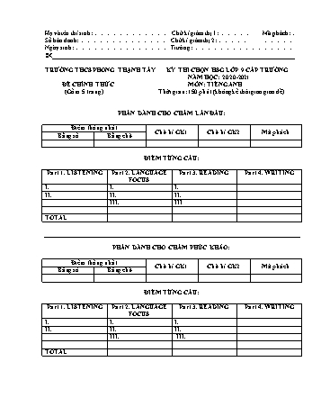 Kỳ thi chọn học sinh giỏi vòng Trường môn Tiếng Anh 9 - Năm học 2020-2021 - Trường THCS Phong Thạnh Tây (Có hướng dẫn chấm)