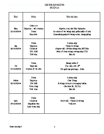 Lịch báo giảng Tổng hợp Lớp 3 - Tuần 13