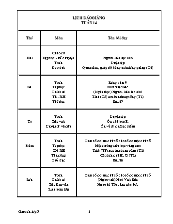 Lịch báo giảng Tổng hợp Lớp 3 - Tuần 14