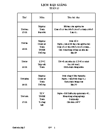 Lịch báo giảng Tổng hợp Lớp 3 - Tuần 15