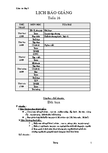 Lịch báo giảng Tổng hợp Lớp 3 - Tuần 16