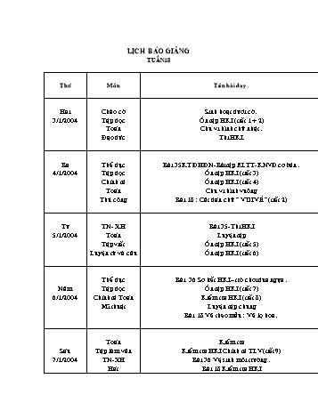 Lịch báo giảng Tổng hợp Lớp 3 - Tuần 18