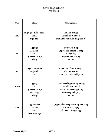 Lịch báo giảng Tổng hợp Lớp 3 - Tuần 19