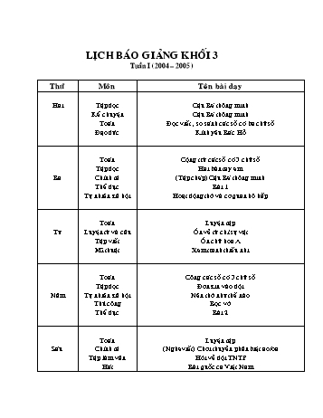 Lịch báo giảng Tổng hợp Lớp 3  - Tuần 1