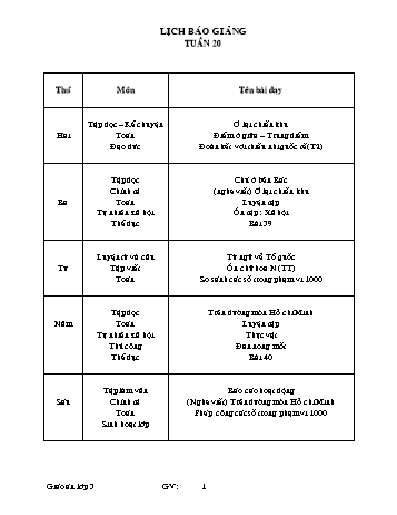 Lịch báo giảng Tổng hợp Lớp 3 - Tuần 20