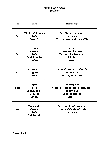 Lịch báo giảng Tổng hợp Lớp 3 - Tuần 22