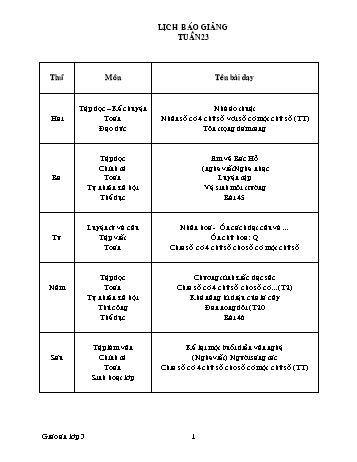 Lịch báo giảng Tổng hợp Lớp 3 - Tuần 23