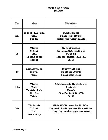 Lịch báo giảng Tổng hợp Lớp 3 - Tuần 29