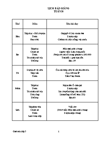 Lịch báo giảng Tổng hợp Lớp 3 - Tuần 30