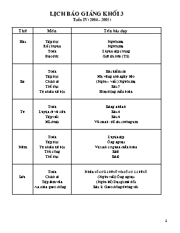 Lịch báo giảng Tổng hợp Lớp 3 - Tuần 4