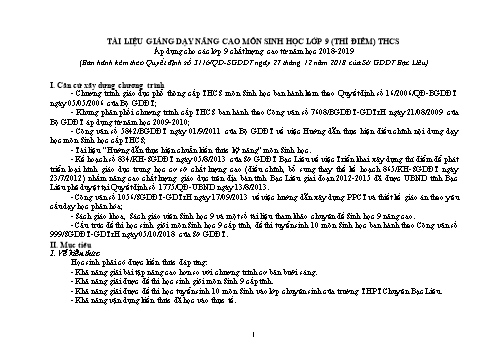 Tài liệu giảng dạy nâng cao môn Sinh học Lớp 9 (Thí điểm) - Áp dụng cho các lớp 9 chất lượng cao từ Năm học 2018- 2019