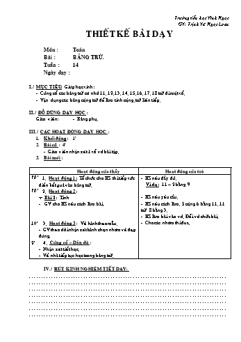 Thiết kế bài dạy Toán Lớp 2 - Tuần 14: Bảng trừ - Trịnh Vũ Ngọc Loan
