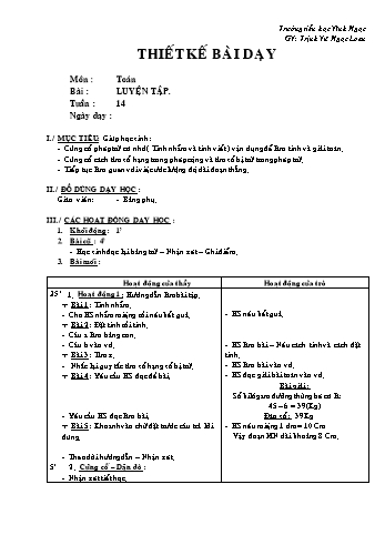 Thiết kế bài dạy Toán Lớp 2 - Tuần 14 - Trịnh Vũ Ngọc Loan