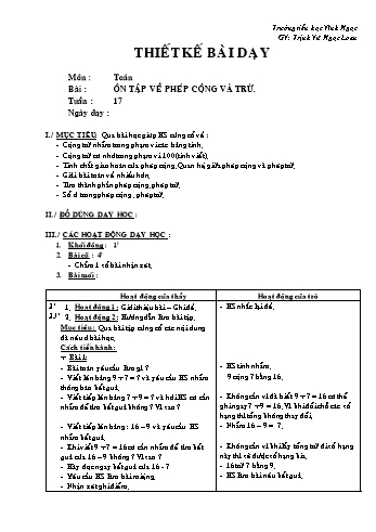Thiết kế bài dạy Toán Lớp 2 - Tuần 17: Ôn tập về phép cộng và trừ - Trịnh Vũ Ngọc Loan