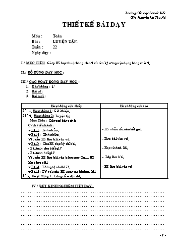 Thiết kế bài dạy Toán Lớp 2 - Tuần 22 - Nguyễn Thị Thu Hà
