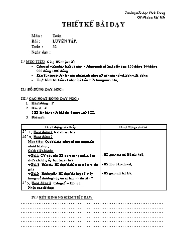 Thiết kế bài dạy Toán Lớp 2 - Tuần 32: Luyện tập - Phùng Thị Tiết