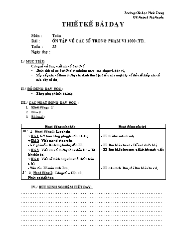 Thiết kế bài dạy Toán Lớp 2 - Tuần 33: Ôn tập về các số trong phạm vi 1000 - Nguyễn Thị Huyền